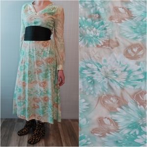 VINTAGE 70s Long Sleeve Maxi Dress Medium Pastel Floral Watercolor